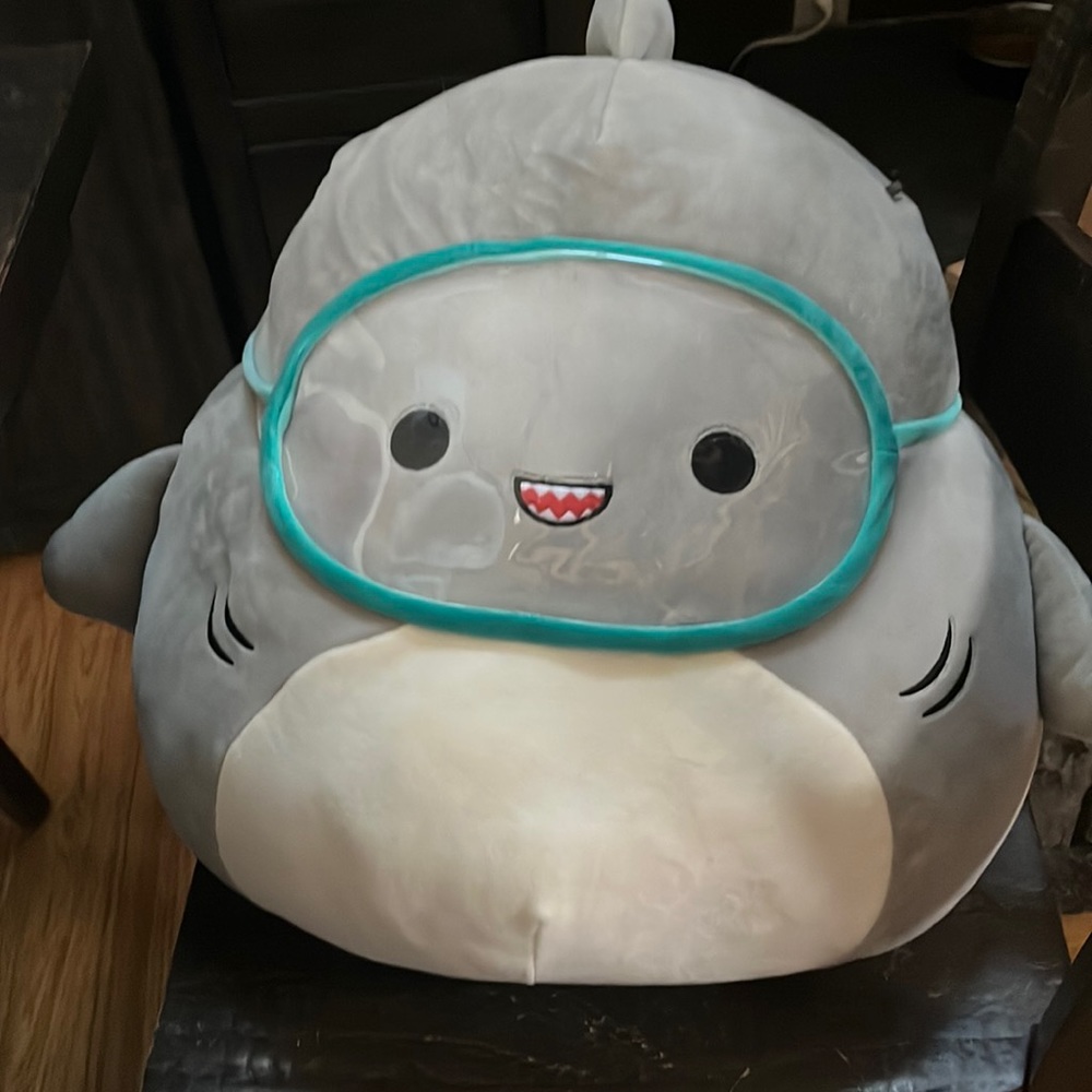 Brand: Squishmallows Size: Large Color: Grey, Cream, and Teal
